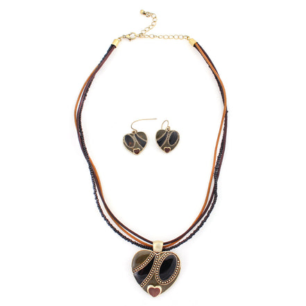 Gold Plated Black And Brown Heart Pendant Necklace Set