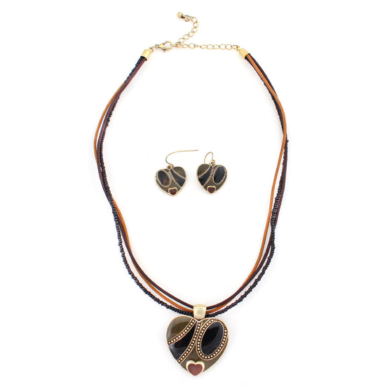 Gold Plated Black And Brown Heart Pendant Necklace Set