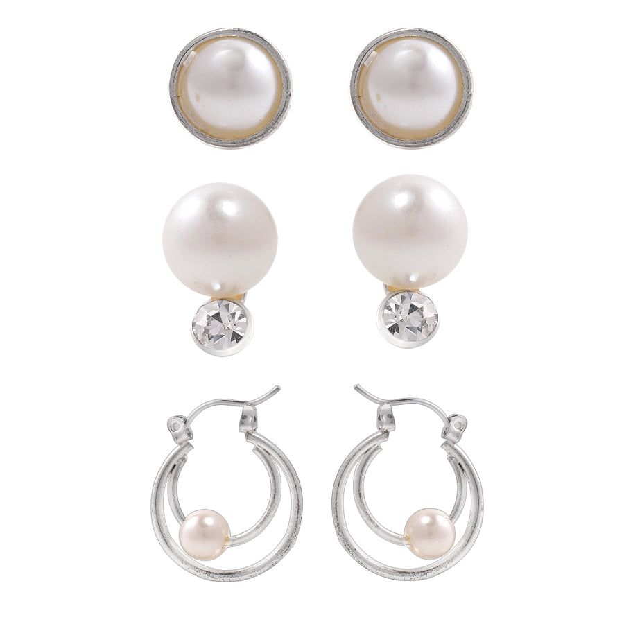 Silver Tone Metal Three Set Of Pearl Earring