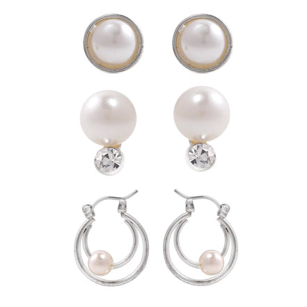 Silver Tone Metal Three Set Of Pearl Earring