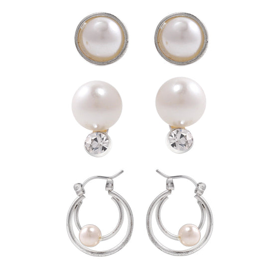 Silver Tone Metal Three Set Of Pearl Earring