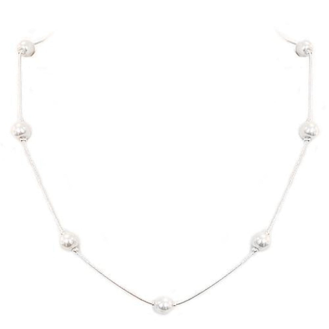 White Glass Pearl Bead Silver Necklace
