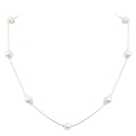 White Glass Pearl Bead Silver Necklace