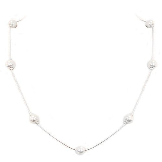 White Glass Pearl Bead Silver Necklace