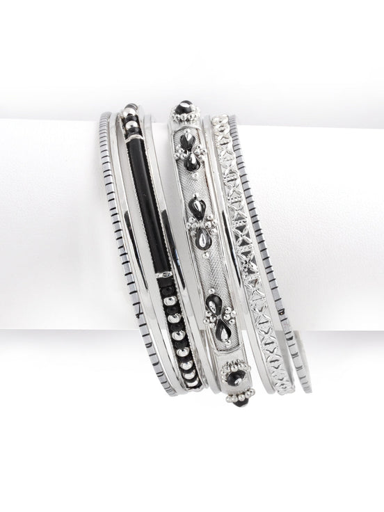 Black Seed Beads Silver Bangles Set of 8pcs