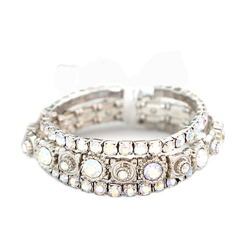 Clear AB Glass Crystal in Silver Three Strands Stretch Bracelet with a White Bow