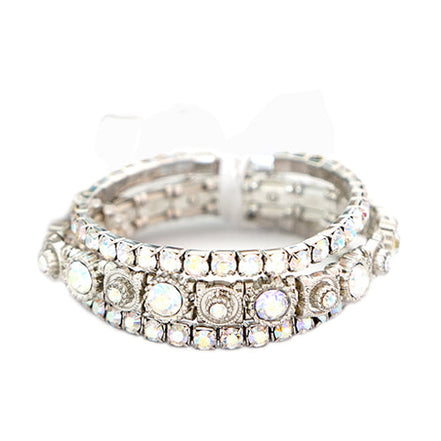 Clear AB Glass Crystal in Silver Three Strands Stretch Bracelet with a White Bow