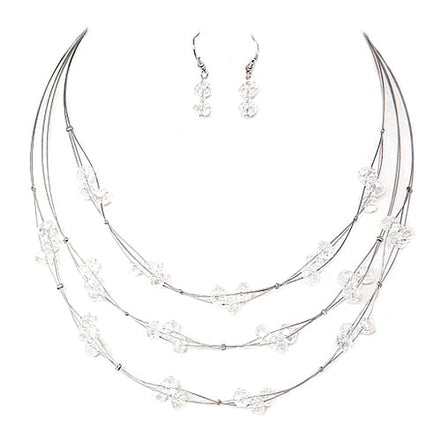 Clear AB Beads with Three-Strand Silver Illusion Necklace and Earrings Set