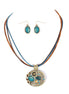 Fabulous Design Turquoise Stone with Gold Oval Shape Pendant with Waxed Cotton Cord Necklace and Earrings Set