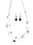 Black Animal Printed Bead with Multi Beads Silver Illusion Necklace and Earrings Set