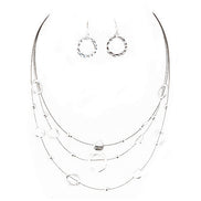 Silver Open Round Beads Three Strand Illusion Necklace and Earrings Set