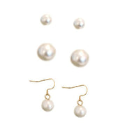 Hypoallergenic 3-Pair Faux Pearl Earring Set – Classic Small & Large Studs with Elegant Gold-Tone Dangles #UN240282ER94 (NG14)