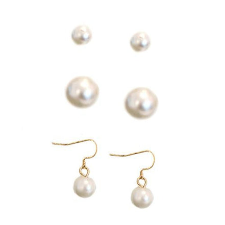Hypoallergenic 3-Pair Faux Pearl Earring Set – Classic Small & Large Studs with Elegant Gold-Tone Dangles #UN240282ER94 (NG14)