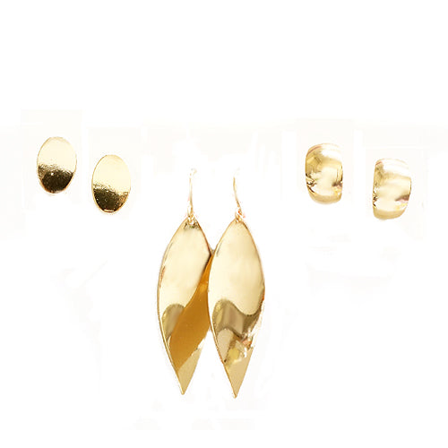 Gold Metal Multi Shape Earrings Set of 3pcs 