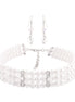 Silver-Tone Metal White Pearl Crystal Earrings And Adjustable Lobster Claw Closure Choker Necklaces