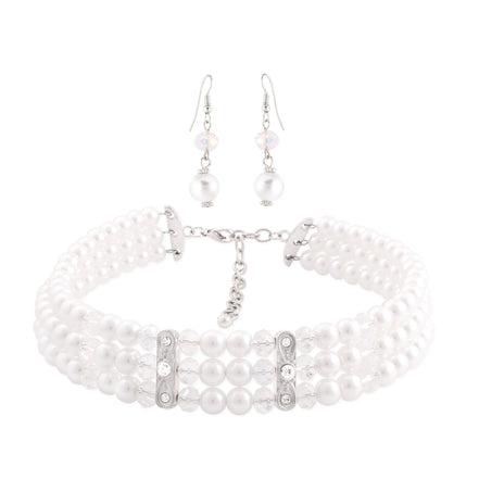 Silver-Tone Metal White Pearl Crystal Earrings And Adjustable Lobster Claw Closure Choker Necklaces