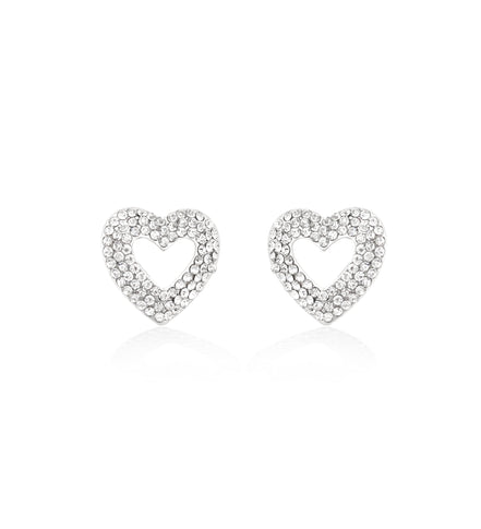Silver-Tone Metal Heart Crystal Stud Earrings
