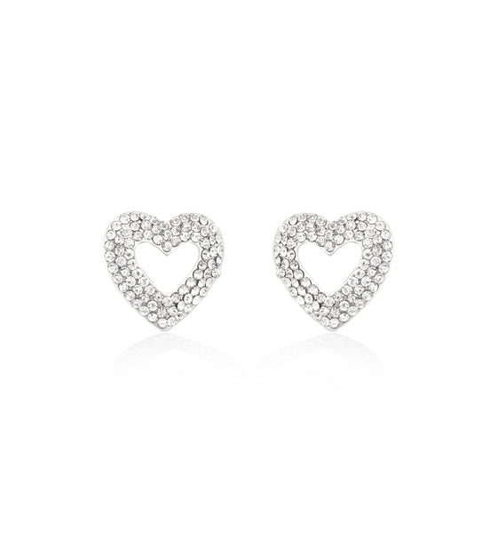 Silver-Tone Metal Heart Crystal Stud Earrings