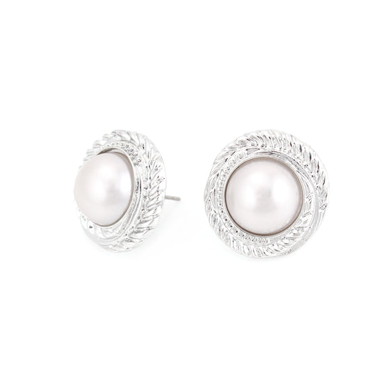 Silver-Tone Metal Pearl Stud Earrings