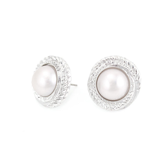 Silver-Tone Metal Pearl Stud Earrings