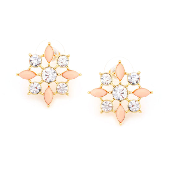 Gold-Tone Metal Peach And White Crystal Stud Earrings