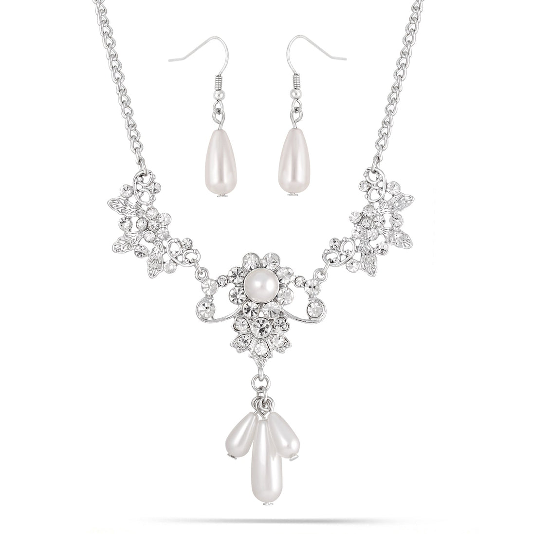 Silver-Tone Metal Teardrop White Pearl Crystal Earrings And Adjustable Lobster Claw Closure Necklaces