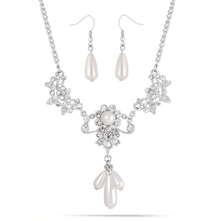 Silver-Tone Metal Teardrop White Pearl Crystal Earrings And Adjustable Lobster Claw Closure Necklaces