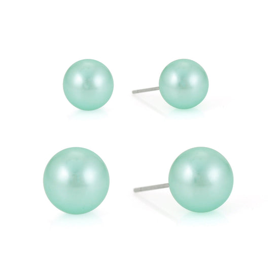 Silver-Tone Metal Set Of 2 Green Pearl Earrings
