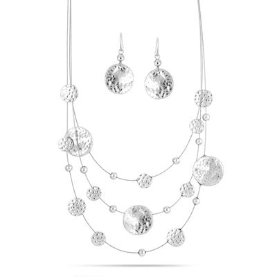 Silver Tone 3 row wire with round disc necklace and earrings set# SCE18246-SILVER(TD11)