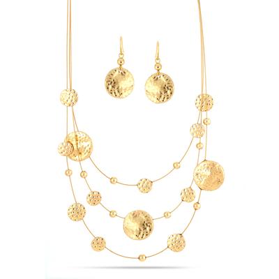 Gold 3row Gold wire with hammered round disc nk and eargs set #SCE18246-GOLD(TF9)