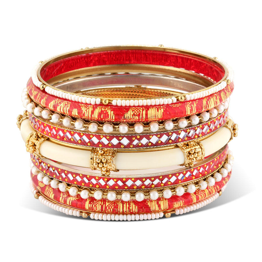 RED AND IVORY RESIN ETHNIC BANGLES SET OF 9 PCS #VB10595_RED (OE4)