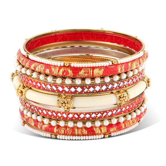 RED AND IVORY RESIN ETHNIC BANGLES SET OF 9 PCS #VB10595_RED (OE4)