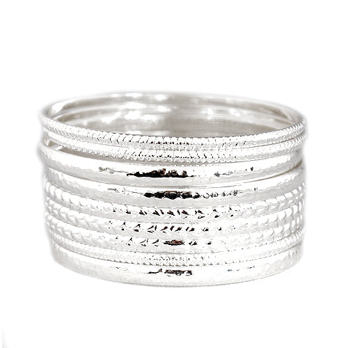 Silver Multi Textured Bangles Set of 9pcs