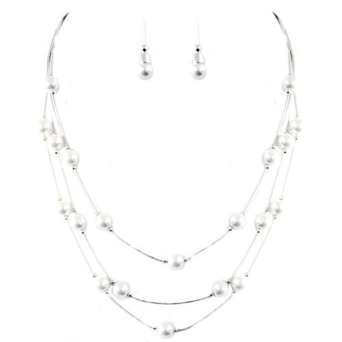 White Glass Pearl with Silver Three-Strand Necklace and Earrings Set 