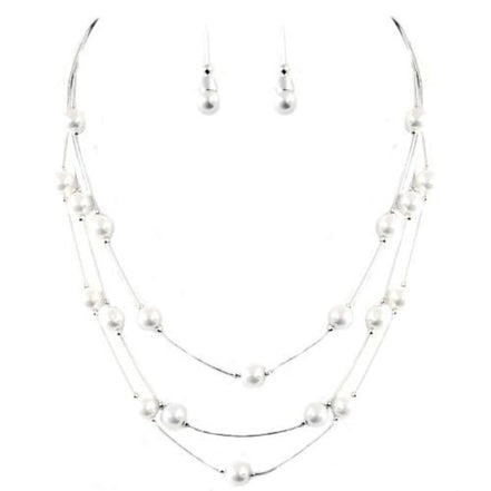 White Glass Pearl with Silver Three-Strand Necklace and Earrings Set 