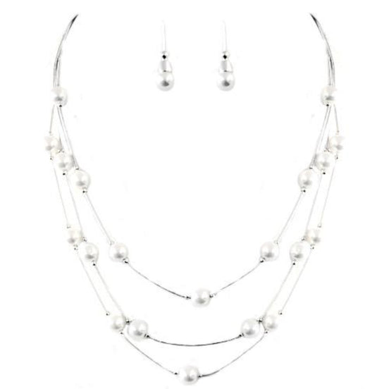 White Glass Pearl with Silver Three-Strand Necklace and Earrings Set 