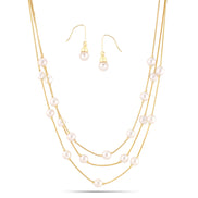 Cream Pearl With Gold Three-Strand Necklace And Earrings Set #HNNE084_GLD-CRM(GB1)