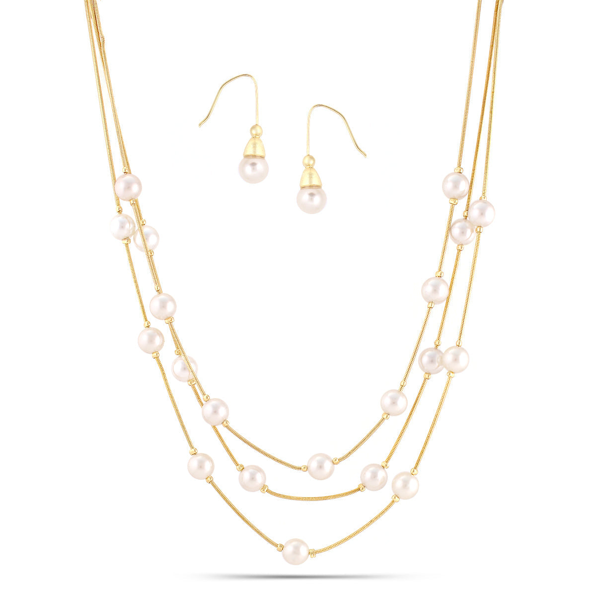 Cream Pearl With Gold Three-Strand Necklace And Earrings Set #HNNE084_GLD-CRM(GB1)