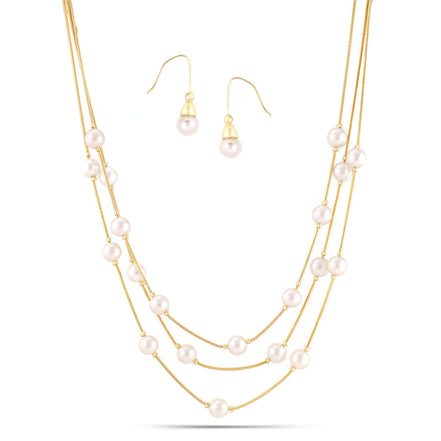 Cream Pearl With Gold Three-Strand Necklace And Earrings Set #HNNE084_GLD-CRM(GB1)