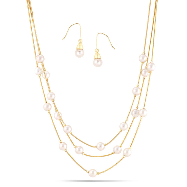 Cream Pearl With Gold Three-Strand Necklace And Earrings Set #HNNE084_GLD-CRM(GB1)