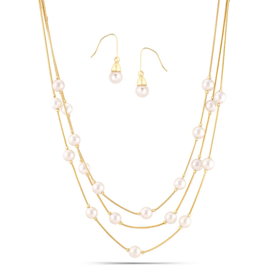 Cream Pearl With Gold Three-Strand Necklace And Earrings Set #HNNE084_GLD-CRM(GB1)