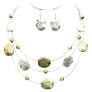 2TONE-SILVER Silver and Gold Brushed Illusion Necklace and Silver Earrings Set     