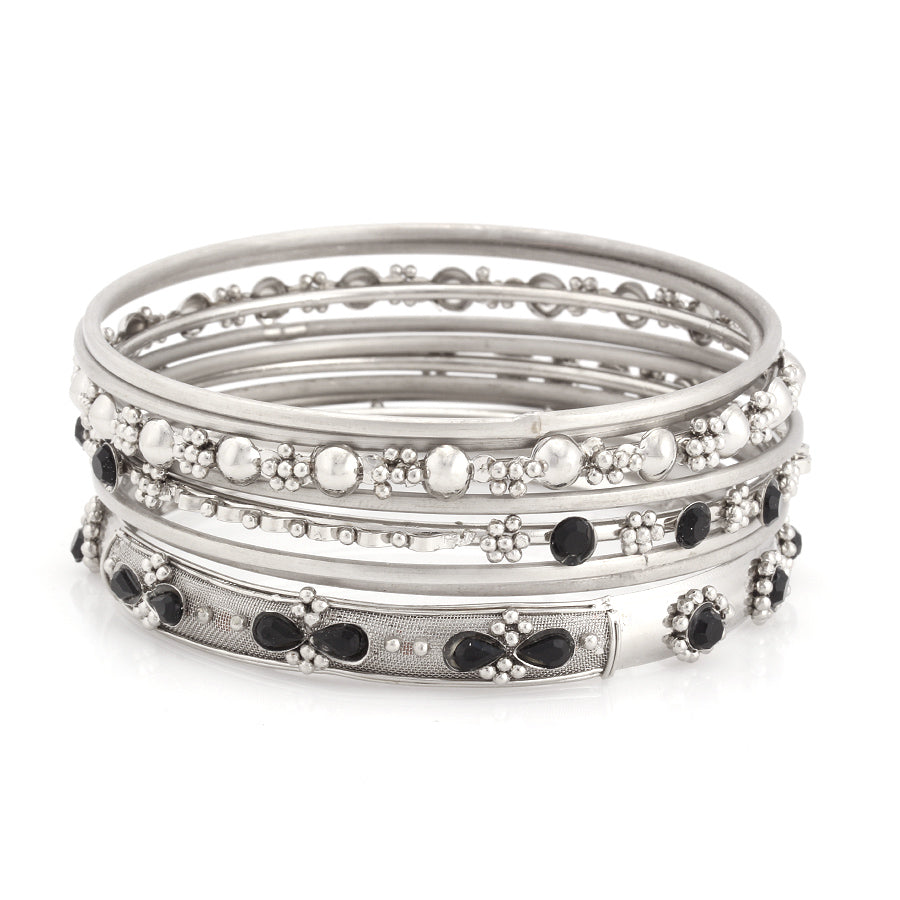 Kb2224445 Sol/Blk  Silver-Tone Black Set Of 9 Bangles