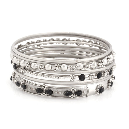 Kb2224445 Sol/Blk  Silver-Tone Black Set Of 9 Bangles
