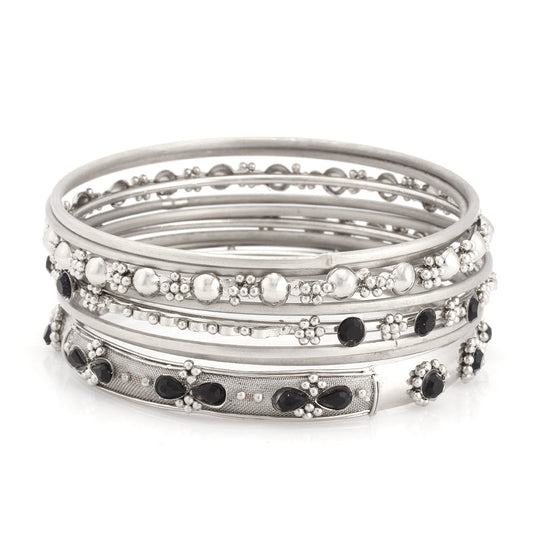 Kb2224445 Sol/Blk  Silver-Tone Black Set Of 9 Bangles