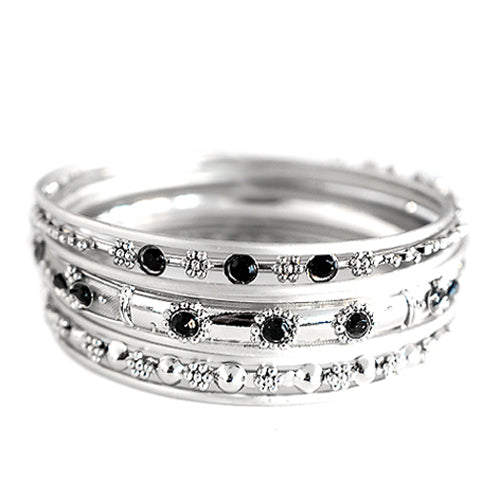 SILVER-BLACK [PLUS SIZE] SILVER WITH BLACK RHINESTONE BANGLES SET OF 9 PCS  #KB2224445PLUS_S-BLK (HC2)