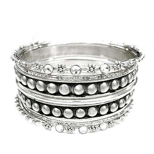 SILVER [PLUS SIZE]SILVER METAL AND RHINESTONE STUDDED BANGLES SET OF 6 PCS  #KB11344PLUS_SIL (RC8)