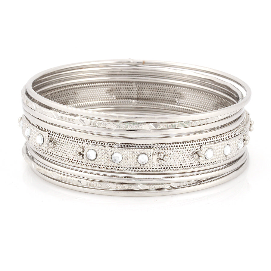 Silver -Tone Crystal Set Of 9 Bangles