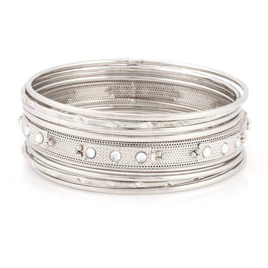 Silver -Tone Crystal Set Of 9 Bangles