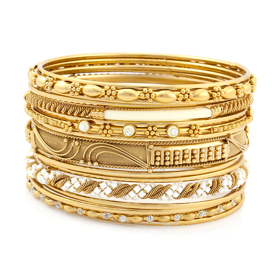 Gold-Tone Ivory Set Of 16 Pcs Crystal Plus Size Indian Bangles